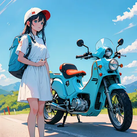 Honda Super Cub 50 and a girl, blue sky, a girl with long hair, a helmet, a road that seems to go on forever, a backpack on his back, sneakers, and touring on a Super Cub.