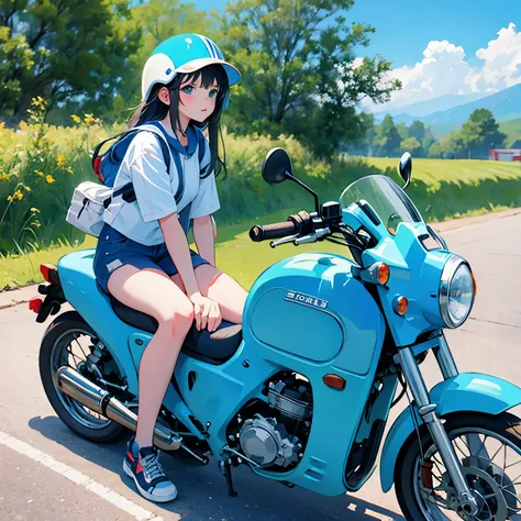 Honda Super Cub 50 and a girl, blue sky, a girl with long hair, a helmet, a road that seems to go on forever, a backpack on his back, sneakers, and touring on a Super Cub.