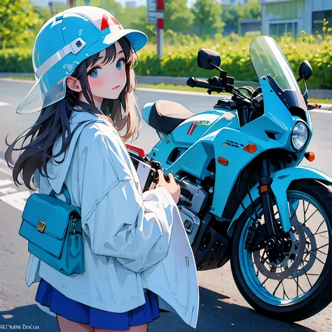 Honda Super Cub 50 and a girl, blue sky, a girl with long hair, a helmet, a road that seems to go on forever, a backpack on his back, sneakers, and touring on a Super Cub.