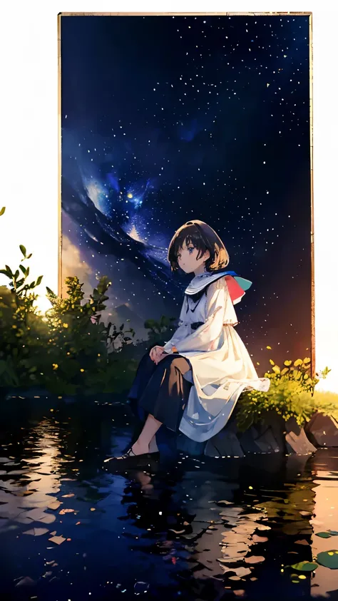 {Masterpiece}, {Top quality}, 1girl, sit, night, moon, lake, stars, movie light