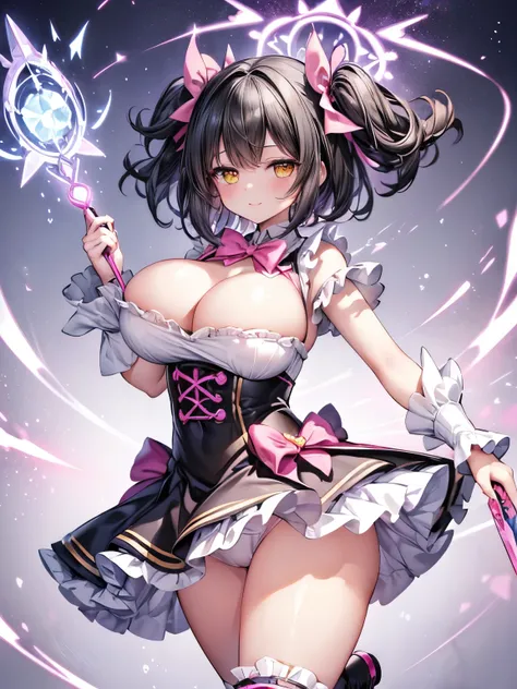 Highest quality,Ultra-high resolution,Super detailed,(gigantic breasts:1.3),Detailed beautiful eyes,Short Hair,(Black Hair,Two Side Up:1.3),(Yellow big eyes),jitome,A very happy smile,Open your mouth wide,View Viewer,BREAK,(Magical Girl Costume,Pink dress,...