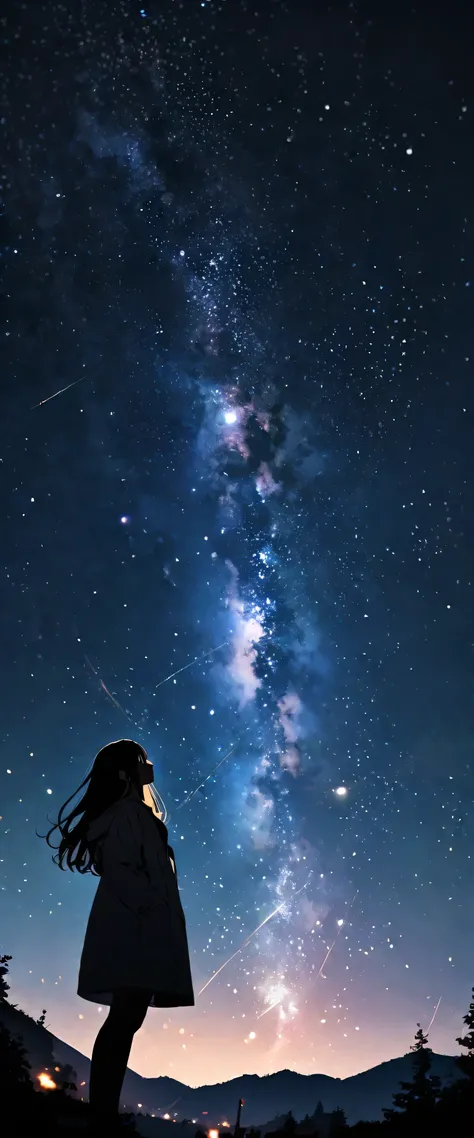 
Many stars shine beautifully in the winter night sky., Long exposure of the starry sky、Many circular orbits are visible in the image., Silhouette of a young woman with long hair、Put your hands in your coat pockets、Looking up, Photo taken from a distance, ...