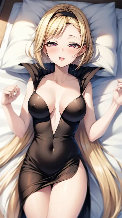 （（super high quality,））（（Ultra-high resolution,））（16K,）（super masterpiece,）（（Ultra HD ,））（Detailed shading,）（（Full Color,））A sexy mature woman,Straight blonde very long,Black headband,（（popped Tight open collar sexy BLACK dress,））No sleeve,Cleavage,Sharp E...