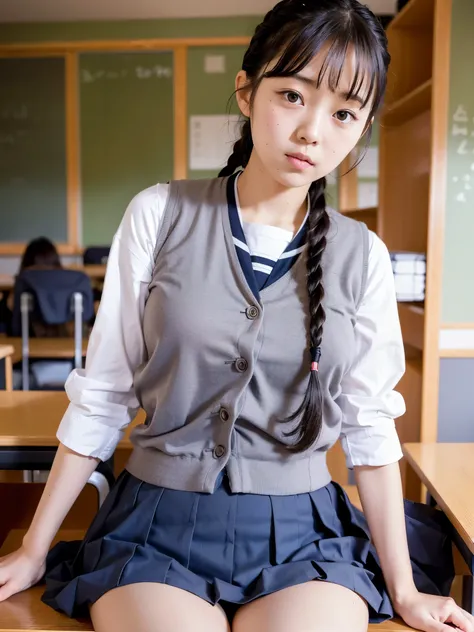 Japanese female elementary school student, belly button exposed, lower abdomen visible, braids, uniform, mini skirt, classroom, , baby face, sparkling eyes, buttocks sticking out