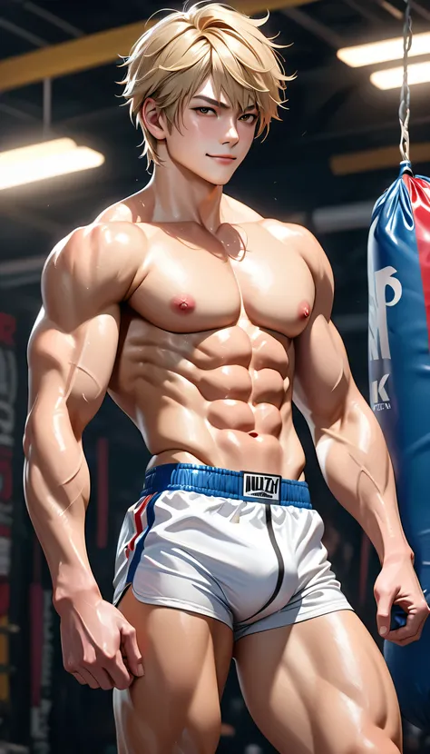 Muay Thai athlete japanese boy, very short blond hair, abs, mannish short hair, best quality, 4k, 8k, highres, (masterpiece:1.2), ultra-detailed, (photo realistic,:1.37), looking at viewer, smirk, detailed nipples, (bulge:1.3),