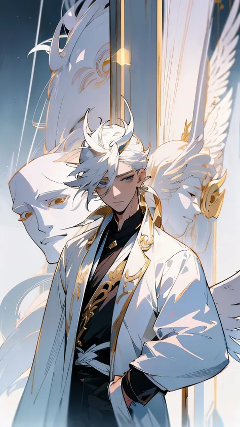 god of light, male, white-gold hair, white coat, angel mask, thin, long pants, focus on face, high detail, angel mask