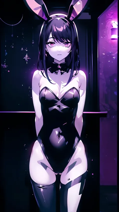 ((((Obra maestra, La mejor calidad, ultrahigh resolution)))), 1girl, standing, leotard, bunny girl, ((small black floppy bunny ears in full view:1)), ((floppy bunny earlack hair, dark black hair over eye:1)), (wide shot), long hair cut, pale skin, ((brown ...