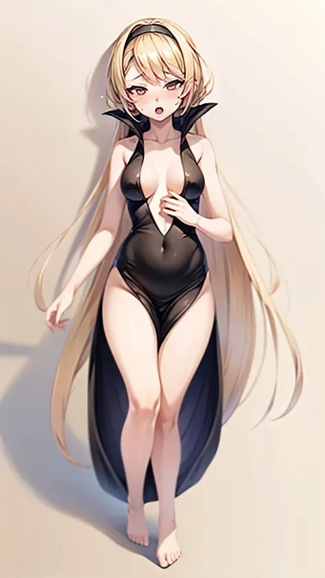 （（super high quality,））（（Ultra-high resolution,））（16K,）（super masterpiece,）（（Ultra HD ,））（Detailed shading,）（（Full Color,））Full body photo,One Sexy Naked Mature Woman,Straight blonde very long,Black headband,（（popped Tight open collar sexy BLACK dress,））No...