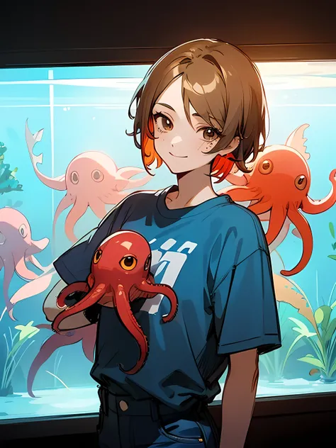 solo, upper body, light brown boyish short hair, parted bangs, tsurime, mole under the eye, smile, t-shirt with red octopus illustration, blue jeans, aquarium background, big fish tank, big fish, shining multicolored Lots of small fish, dark space, (manga ...