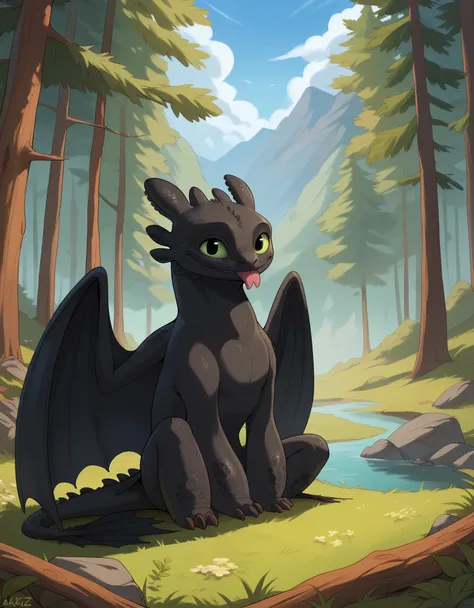 score_9, score_8_up, score_7_up, score_6_up, toothless_httyd, smile, tongue out, looking at viewer, forest, outside, day, sky, f...