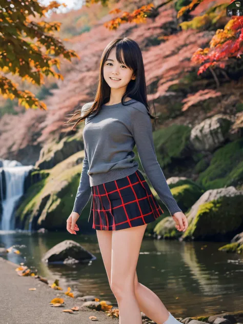 (close up face shot of one slender small breasts dark silver long hair with swept bangs girl in a long sleeves shirt and sweater...