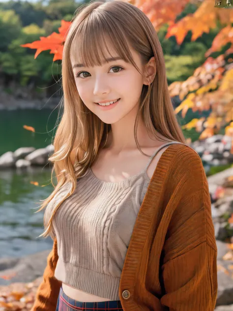 (Close up face shot of one slender small breasts half up blonde long hair with bangs girl in a long sleeves shirt and sweater and skirt:1.5)、(One blonde hair girl is dancing with happy smile on the dart road near the lake and big waterfall in Japan:1.5)、(B...
