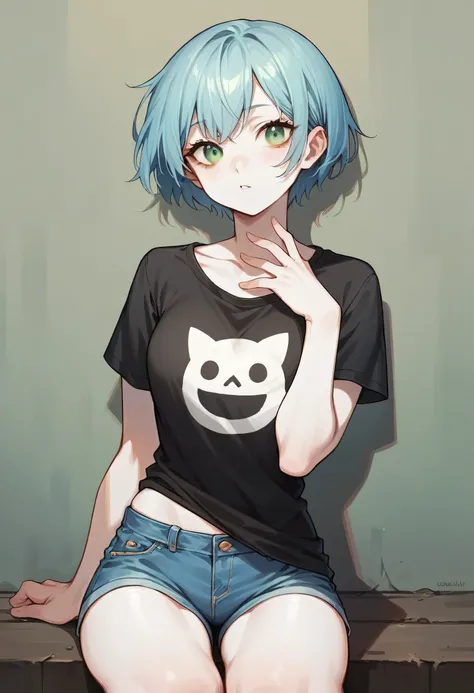 1 Girls with short hair, Green Eyes, Fair skin，Wearing a black T-shirt and light blue shorts