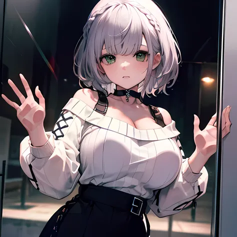 (Ultra-high resolutiupon,masterpiece, Attentiupon to detail, Highest quality), 8k,(Tuber, short hair, French Braid, hair ribbupon, Green Eyes, Black choker, collarbupone, Chest cleavage, Off-the-shoulder sweater, White sweater, Checked skirt),(Blessed,Capt...
