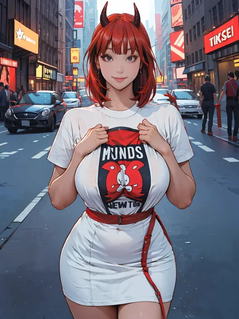 girl, body tilt, long layered hair, hime cut bangs, (oni horn:1.2), t-shirt mini dress, short sleeves, thighs, wide hips, (hands...