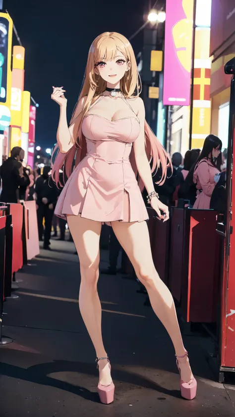 ((masterpiece, high resolution, better quality, better details)), ((Marin Kitagawa)), ((Smiling)), ((one girl)) a girl modeling standing, (((pink mini dress)), pelvic_curtain, choker, ((big neckline)), ((platform high heels)), pink eyes with black outline,...