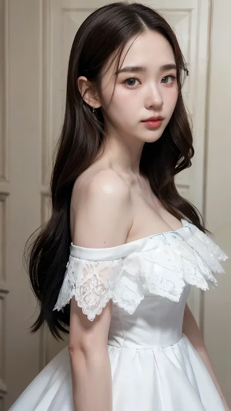 A beautiful princess with black hair and blue eyes., She was wearing her beautiful long white dress.