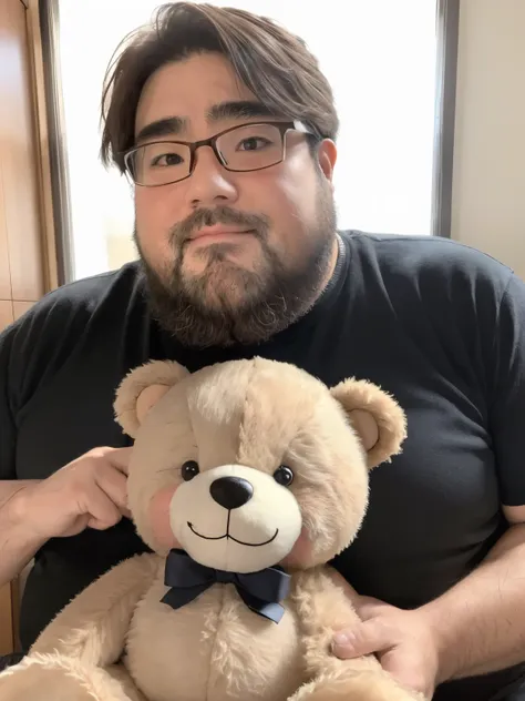 Having a teddy bear, (Yossan), male. alone. beard, Glasses, obesity, Small teddy bear, full body