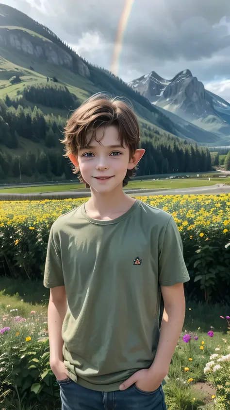 Cute, cheerful, youthful, male elf Bo Nordström with dark green friendly eyes, brown hair and a snub nose, boy in a beautiful landscape, with flower fields, mountains, rainbow