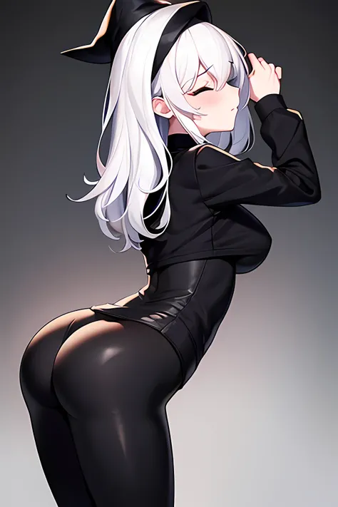 NFSW: standing girl, with the butt to one side, Black short leggings, Representing her ass to one side, dyed white hair, closed eyes, blushing, Leggings negros, black witch hat on head, 