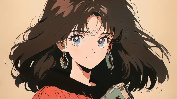 Anime style drawing of a girl with big eyes, brown hair and casual clothes holding a red cassette tape. The background is a white wall with a few posters on it., And it focuses on girls and cassette tapes.. Cassette tapes have a red label. ``1980.... The g...