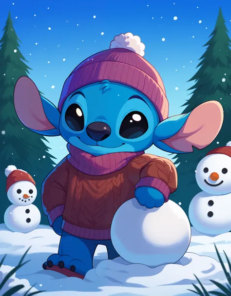 score_9, score_8_up, score_8, 1boy, st1tch, black eyes, furry, sweater, beanie, snow, snowman, mittens, cute