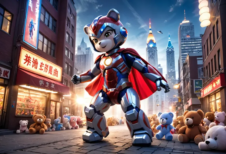 a plushy ultraman, ultraman shooting ultra beam, giant teddy bear, city made of childrens building blocks, rumble, detailed cinematic scene, 8k, highly detailed, photorealistic, dramatic lighting, vivid colors, epic scale, intricate details, fantasy, scien...