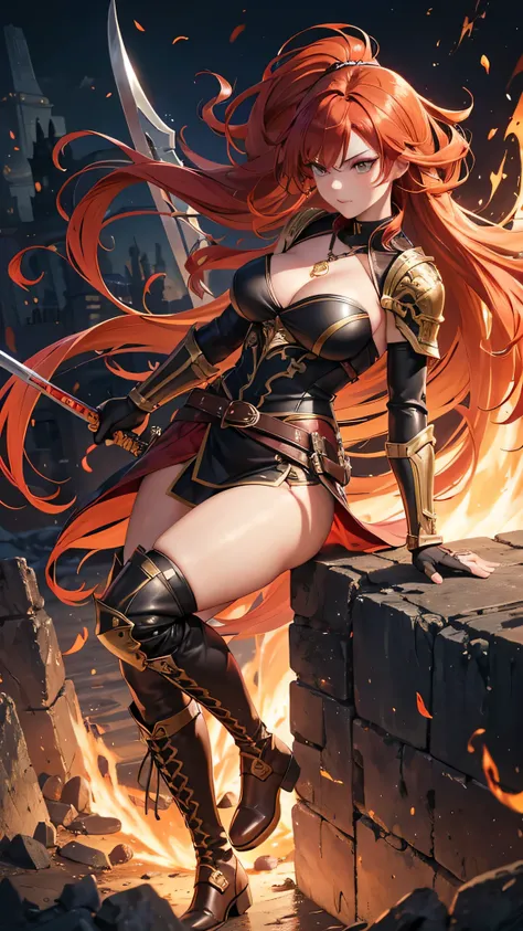 anime, all realistic intricate details, Liadan: Description: Body: white girl, 25% naked Physique: Fiery red hair that falls in waves to the waist, deep amber eyes that shine with cunning and fierceness. Her body is athletic and curvy, forged by years of m...