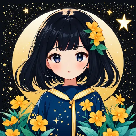 Seizo Watase style, Simple Line Initialism，Abstract art，kawaii Design, (((The most kawaii girl of all time))), chibi, The background is star dust, Black Hair, Black eyes, colorful flowers, 