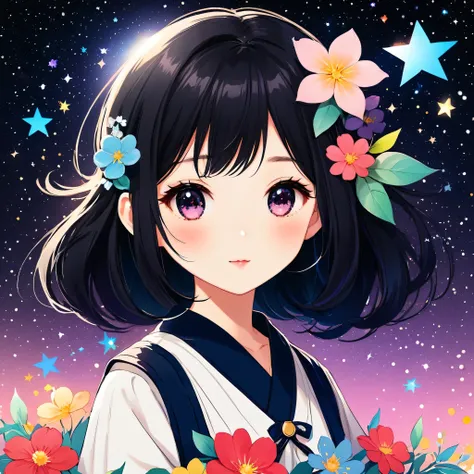 Seizo Watase style, Simple Line Initialism，Abstract art，kawaii Design, (((The most kawaii girl of all time))), chibi, The background is star dust, Black Hair, Black eyes, colorful flowers, 