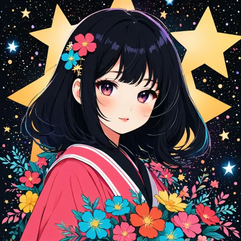 Seizo Watase style, Simple Line Initialism，Abstract art，kawaii Design, (((The most kawaii girl of all time))), chibi, The background is star dust, Black Hair, Black eyes, colorful flowers, 