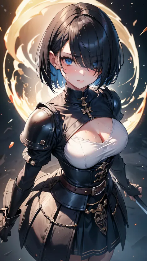 8k resolution,((Highest quality)),Ultra-high resolution,Adult women, alone, (A sharp expression）, (Dark blue eyes), Beautiful and symmetrical face, (Black untrimmed medium bob cut),Medieval Armor,Medieval armor skirt,Realistic:1.4,Realistic:1.4,(masterpiec...