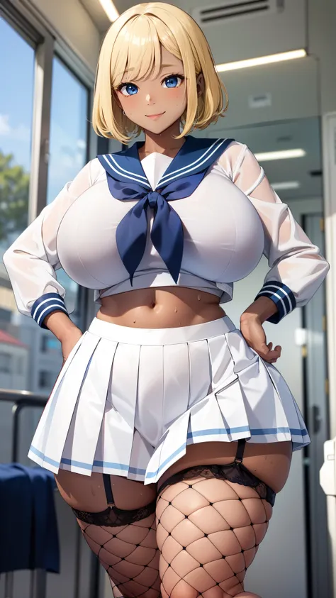 big breasts, blonde, blue eyes, high school girl、(dark skin、sailor suit:1.3),smile、big hips、thick thighs,sweaty、navy blue skirt、...