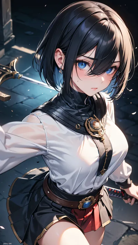 8k resolution,((Highest quality)),Ultra-high resolution,Adult women, alone, (A sharp expression）, (Dark blue eyes), Beautiful and symmetrical face, (Black untrimmed medium bob cut),Medieval Armor,Medieval armor skirt,Realistic:1.4,Realistic:1.4,(masterpiec...