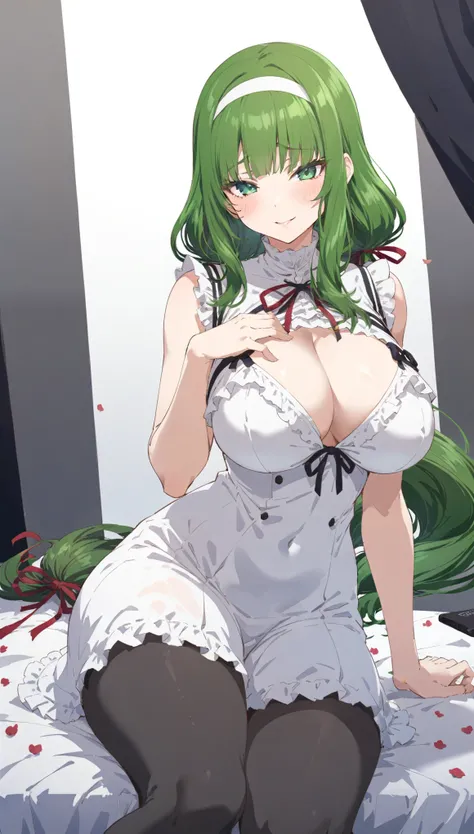 masterpiece,Highest quality,Very detailed,High resolution,4k Portraiture,8k Portraiture,Anime screenshots, Portraiture,One person,alone,Hasebe_Tōh-hsien, Long Hair,pantyhose, (green hair) ,ribbon,hair band,hair ribbon,very Long Hair,Green Eyes,bangs,red ri...