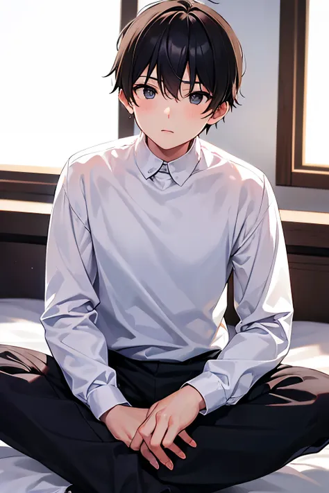 a boy, wearing a white long sleeved shirt and black briefs, sitting on the bed.