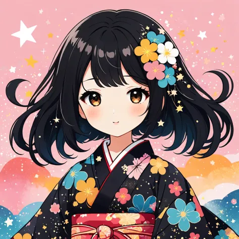 Seizo Watase style, Simple Line Initialism，Abstract art，kawaii Design, (((The most kawaii girl of all time))), chibi, The background is star dust, Kimono, Black Hair, Black eyes, colorful flowers,