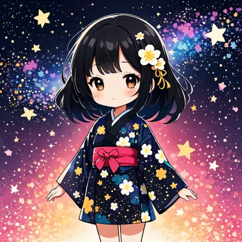 Seizo Watase style, Simple Line Initialism，Abstract art，kawaii Design, (((The most kawaii girl of all time))), chibi, The background is star dust, Yukata, Black Hair, Black eyes, colorful flowers,