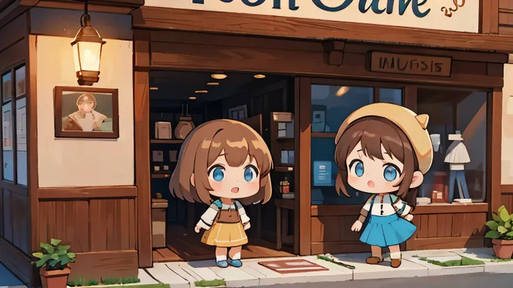 Chibi girl and girl and girl  with brown hair, blue eyes, clothing store 