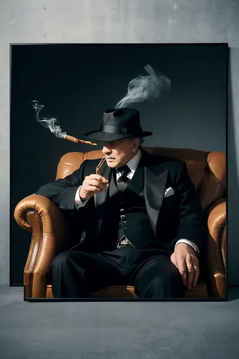 godfather，Profile，Gangster boss smoking cigar，Wearing a hat，Aura，Coat，High-definition quality，Skylight，High-quality posters，8k，