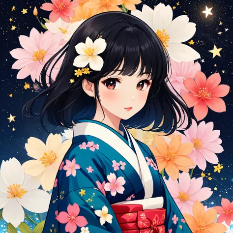 Momoko Sakura colorful style, Simple Line Initialism，Abstract art，kawaii Design, (((The most kawaii girl of all time))), chibi, The background is star dust, Yukata, Black Hair, Black eyes, colorful flowers,