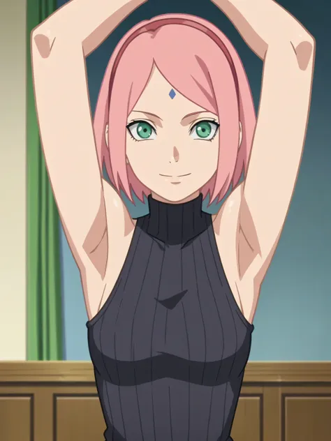 score_9, score_8_up, score_7_up, source_anime, anime screencap, 1girl, solo, indoors, haruno sakura, pink hair, short hair, gree...