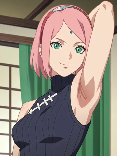 score_9, score_8_up, score_7_up, source_anime, anime screencap, 1girl, solo, indoors, haruno sakura, pink hair, short hair, gree...