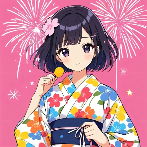 Momoko Sakura colorful style, Simple Line Initialism，Abstract art，kawaii Design, (((The most kawaii girl of all time))), yukata, Black Hair, Black eyes, colorful flowers, The background is fireworks