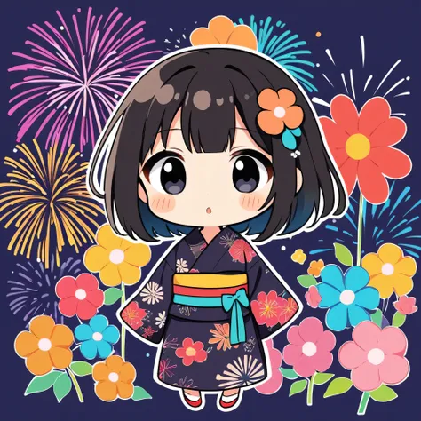 Micho colorful style, Simple Line Initialism，Abstract art，kawaii Design, (((The most kawaii girl of all time))), chibi, yukata, Black Hair, Black eyes, colorful flowers, The background is fireworks