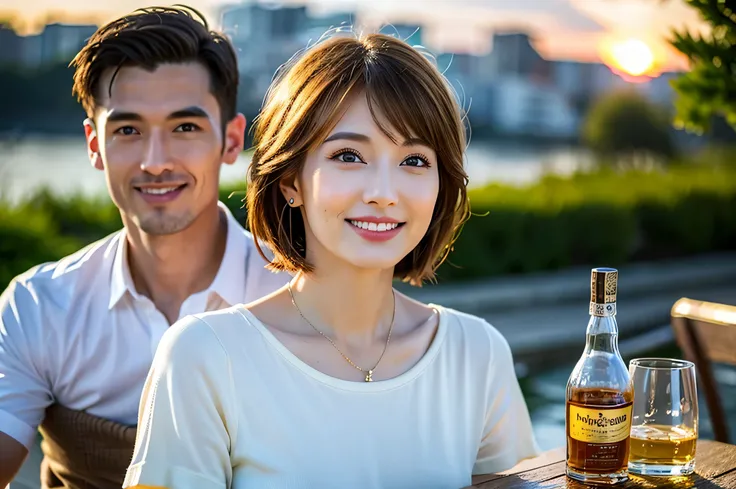 (Realistic, 超Realistic:1.4), 16k hdr, High resolution,Brown short hair,The best smile、Japanese actress,Super Beauty(Like the real thing),Short sleeve dress,Whiskey bottles、The Macallan、Johnnie Walker、、Old Parr、whiskey、Suntory、nikka、Slim Couple、Model Couple...
