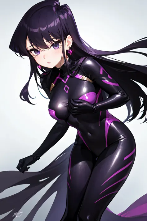 super smooth quality , super line art ,complex details 1girl , dark purple hair, long hair, hair between eyes, purple eyes, hair ornaments, earrings, komi shouko ,blush , white skin , semi-realistic , bent over , hands on chest ,, sad, super sharp quality ...