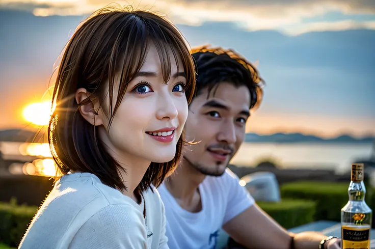 (Realistic, 超Realistic:1.4), 16k hdr, High resolution,Brown short hair,The best smile、Japanese actress,Super Beauty(Like the real thing),Short sleeve dress,Whiskey bottles、The Macallan、Johnnie Walker、、Old Parr、whiskey、Suntory、nikka、Slim Couple、Model Couple...