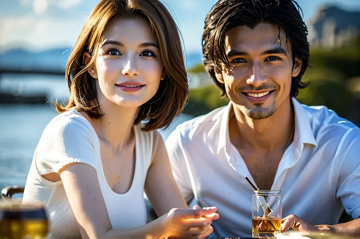 (Realistic, 超Realistic:1.4), 16k hdr, High resolution,Brown short hair,The best smile、Japanese actress,Super Beauty(Like the real thing),Short sleeve dress,Whiskey bottles、The Macallan、Johnnie Walker、、Old Parr、whiskey、Suntory、nikka、Slim Couple、Model Couple...