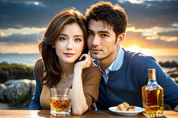 (Realistic, 超Realistic:1.4), 16k hdr, High resolution,Brown short hair,The best smile、Handsome Men and Beautiful Women、Islay、Japanese actress,Super Beauty(Like the real thing),Short sleeve dress,Whiskey bottles、The Macallan、Johnnie Walker、、Old Parr、whiskey...